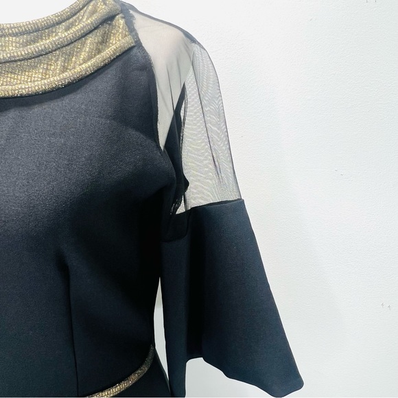 GENEVIE Black Mini Dress Gold & Sheer Bell Sleeve Dress NWT Size Small Medium - Picture 6 of 14